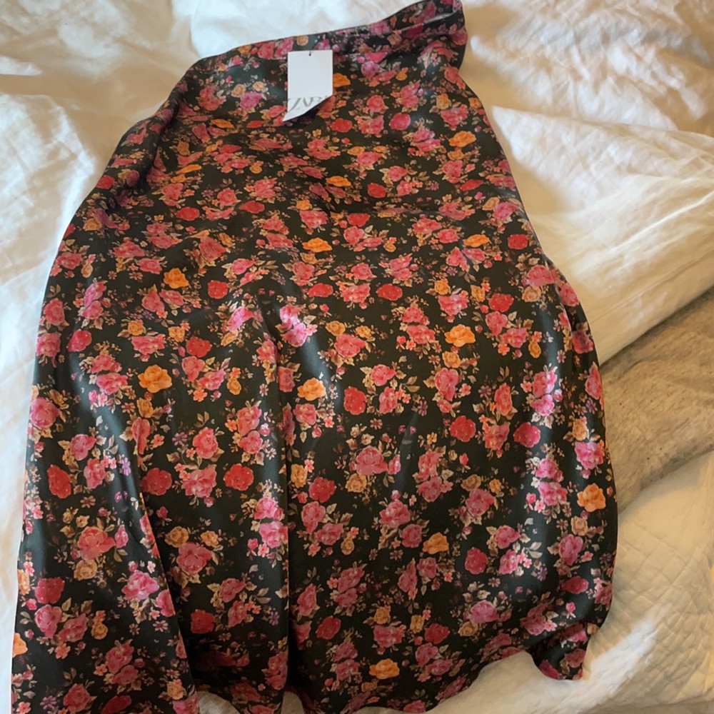 Zara Black Midi Skirt with Pink & Orange Floral Print